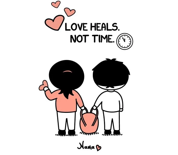 Go Nana's World comic: two characters holding hands, emphasizing love heals, relatable struggles.