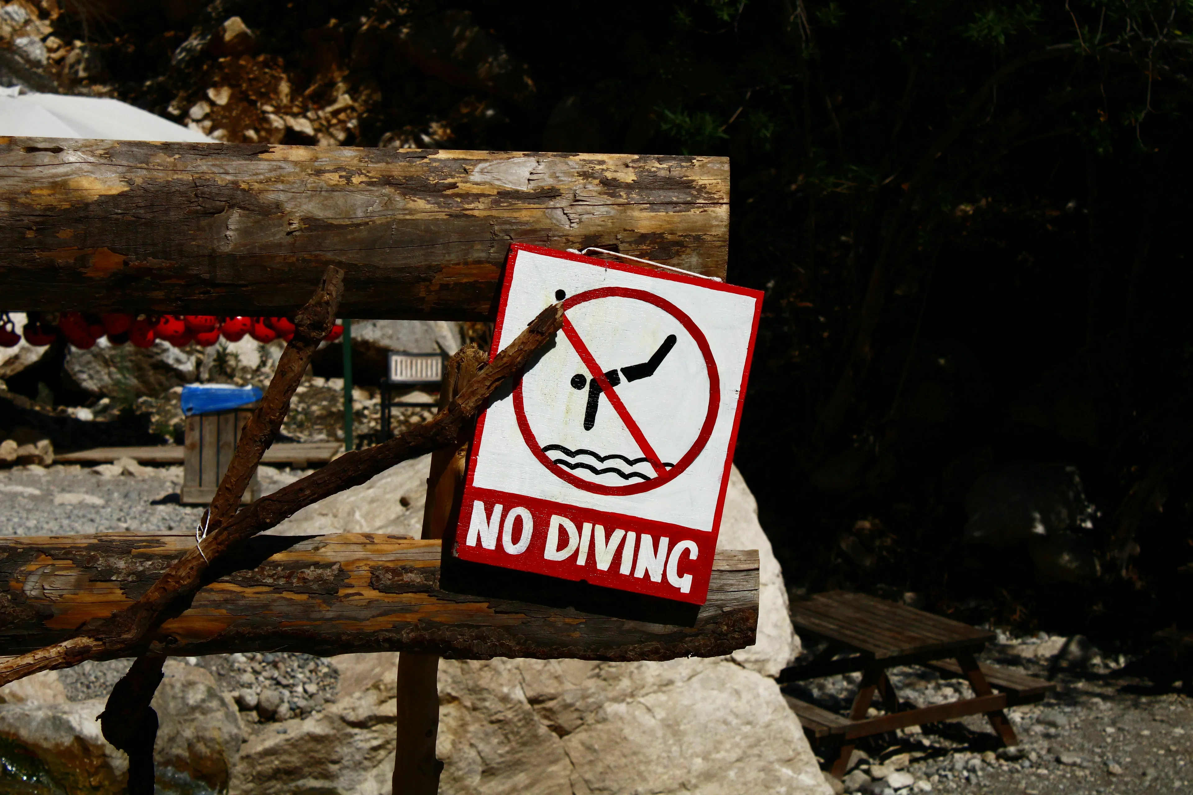 A red and white No Diving sign at a lake, a question for what kind of risk taker you are.