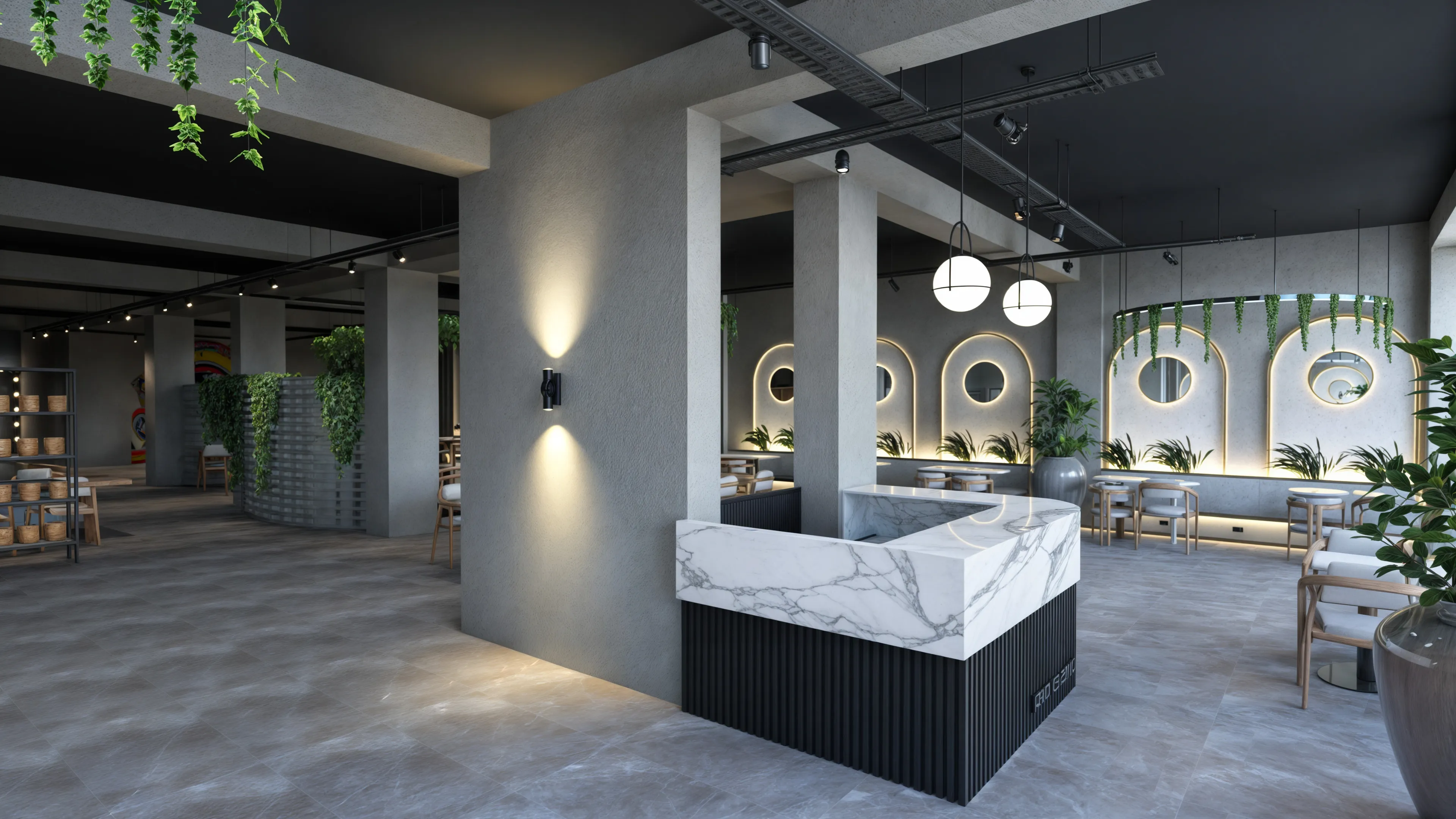 An empty modern restaurant with plants, illustrating the risk of trying a new restaurant with no reviews.