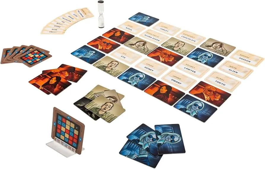 The Codenames board game laid out, featuring multiple word cards, team cards, and a timer.