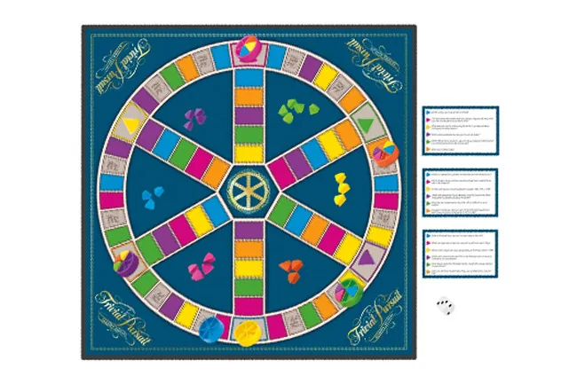 Trivial Pursuit board game with colorful wedges and question cards, ready for a game night.