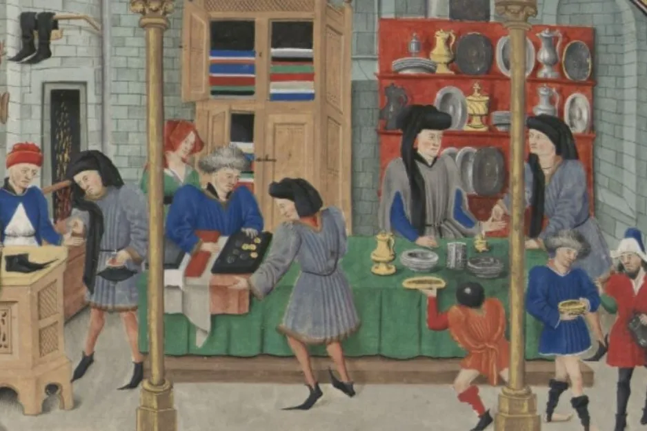 A busy medieval merchant market with people exchanging goods and coins. A medieval profession you'd thrive in.