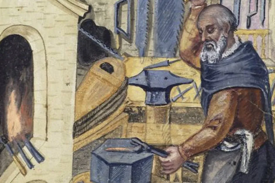 A medieval blacksmith working with metal over a forge, hammering a hot piece. A medieval profession you'd thrive in.