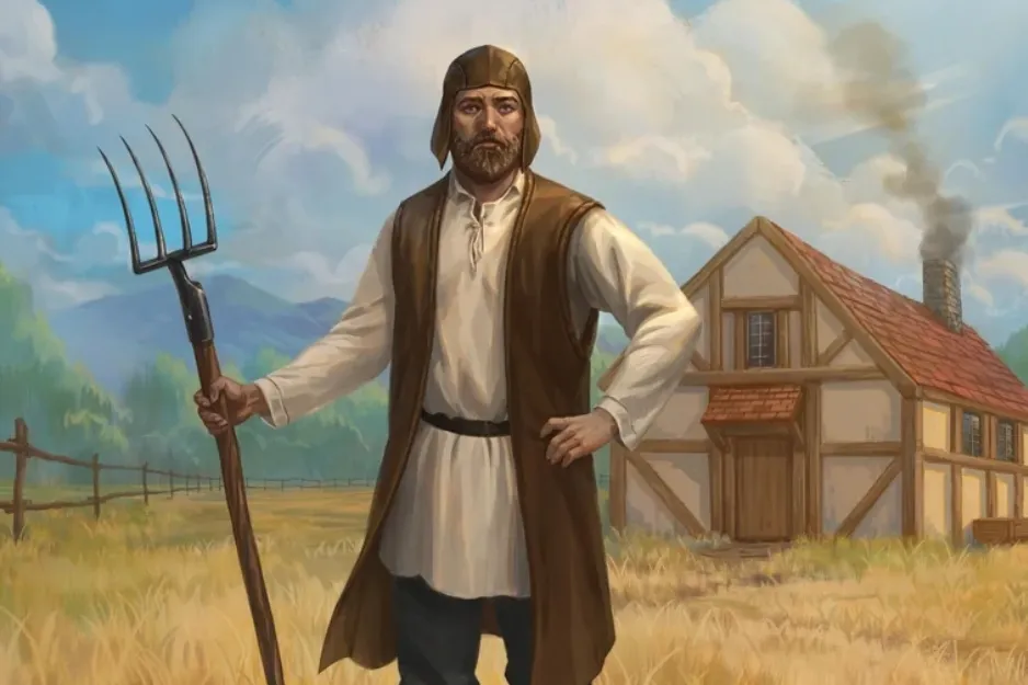 A medieval farmer holding a pitchfork in a field with a house in the background. A medieval profession you'd thrive in.
