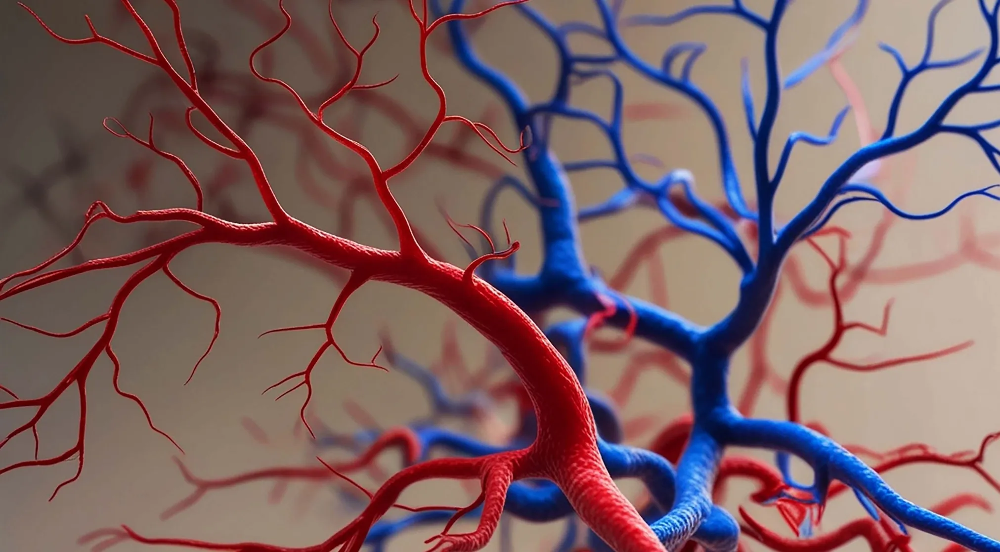 A magnified view of the human body's veins and arteries, illustrating the interconnected network of red and blue vessels.