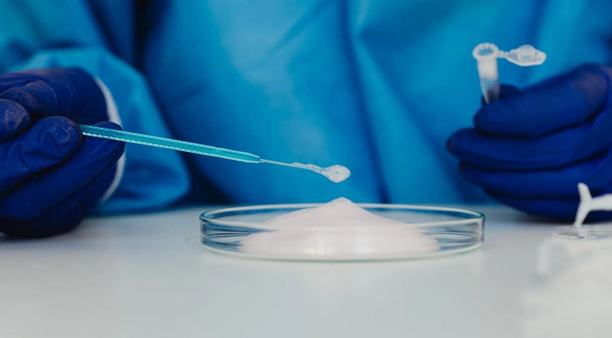 Scientist in blue gloves and scrubs using a swab to transfer a sample, likely saliva, into a petri dish with a white compound, demonstrating the human body's processes.
