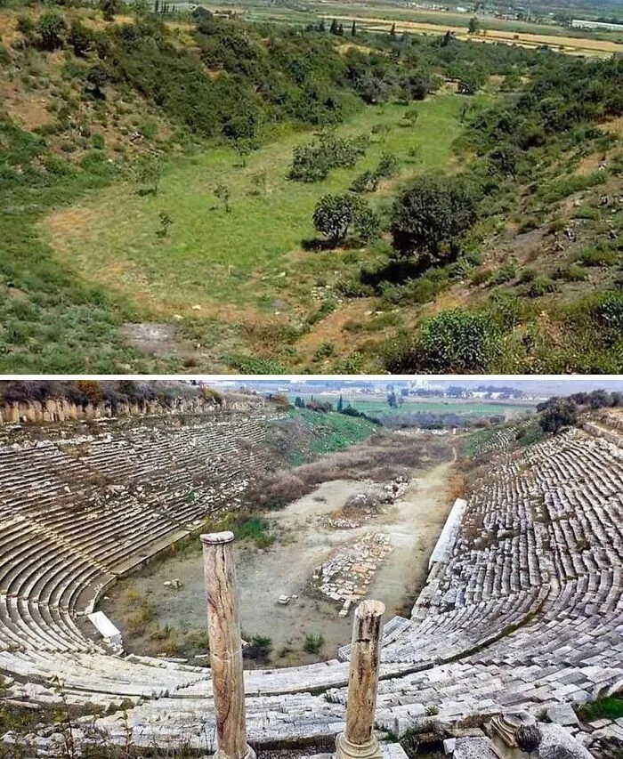 Before And After Of The Excavation Of The Ancient Greek Stadium