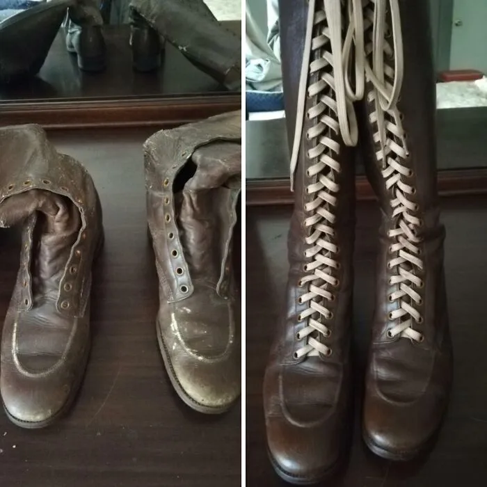 1940s Ladies Boots Before And After Polishing And New Laces