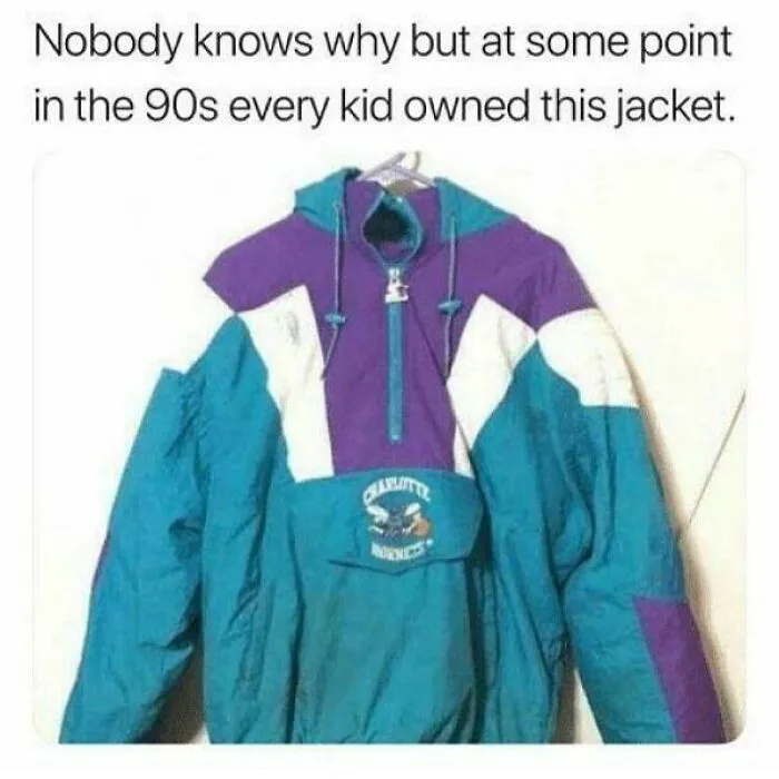 A colorful 90s jacket featuring the Charlotte Hornets logo, a throwback meme for 90s kids.