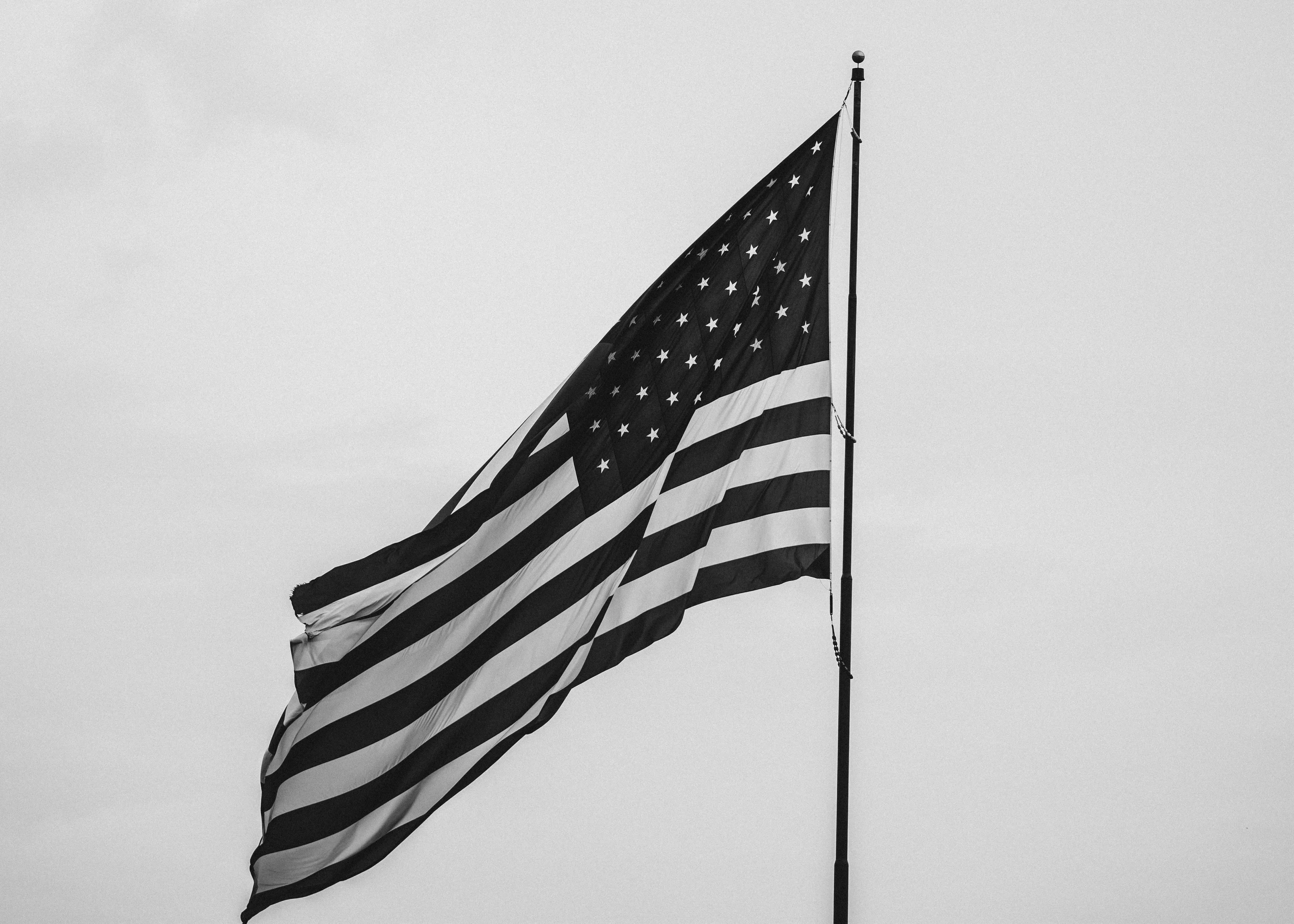 A black and white image of the American flag waving against a clear sky, highlighting the absence of colors like purple.