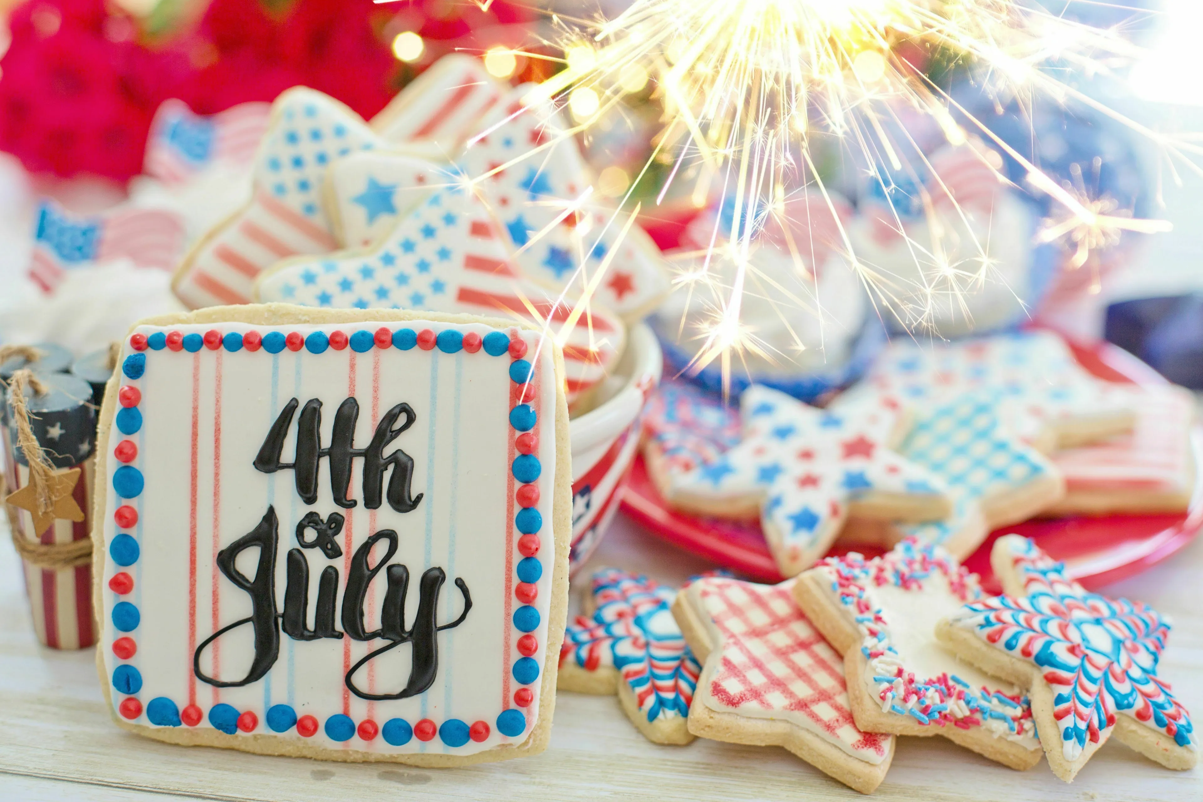 Decorated cookies for Fourth of July, with one specifically writing Fourth of July on it.