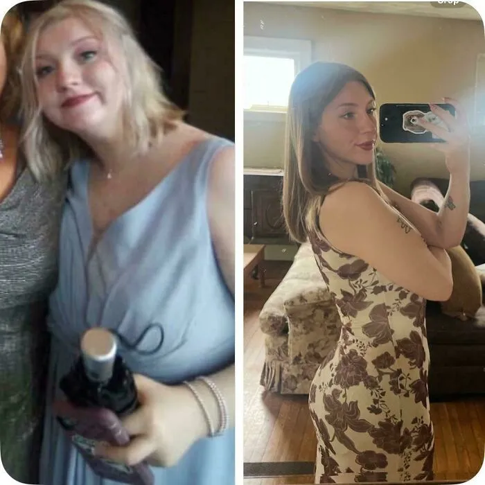 Diferencia de 6 años entre las fotos. 4 años sobria de alcohol y sin atracones. 3 años de levantamiento de pesas y alimentación saludable. Terapia y 18 kilos menos.