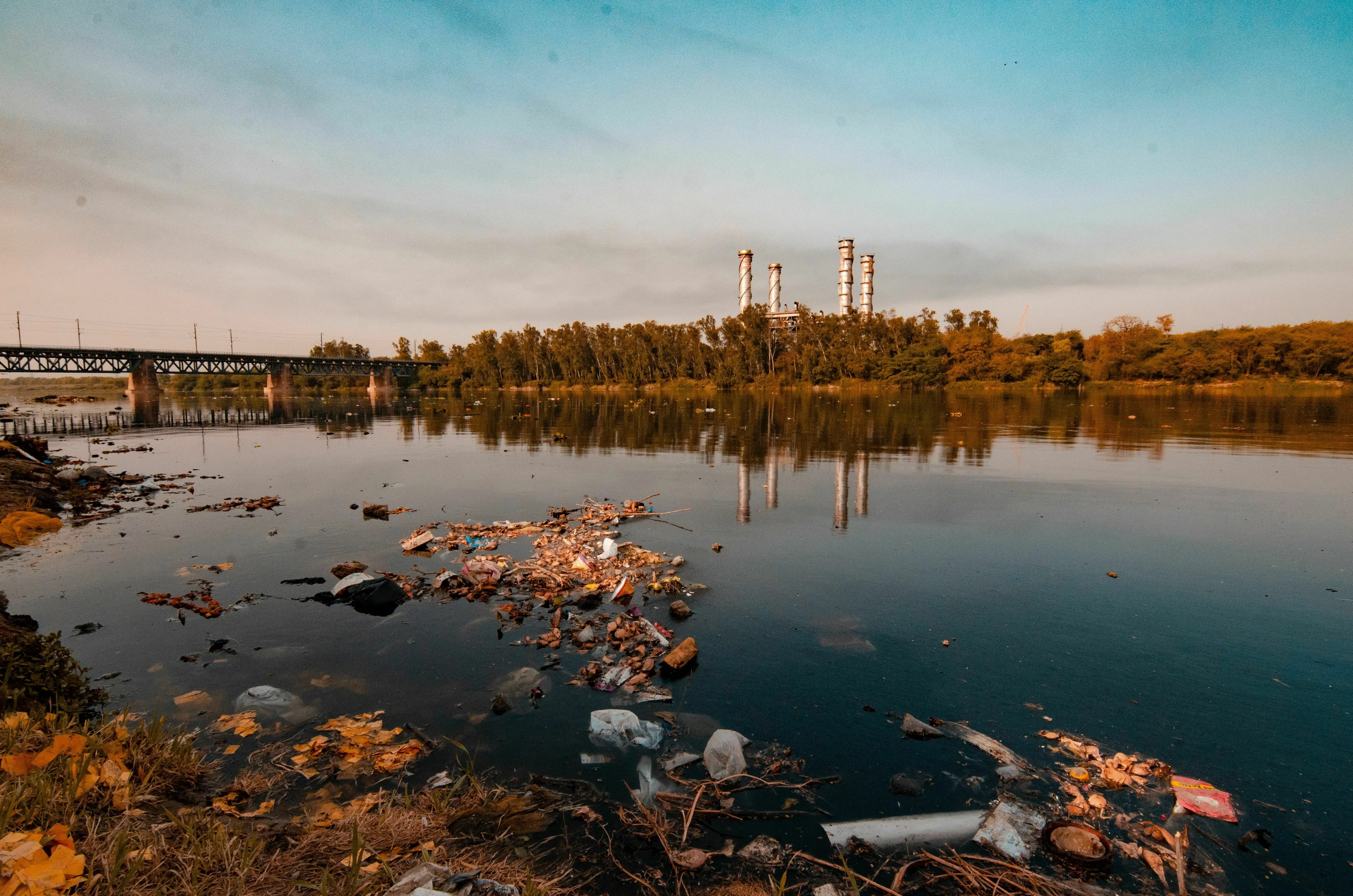 A polluted river with a factory in the background, symbolizing environmental concerns linked to a conspiracy theory personality.