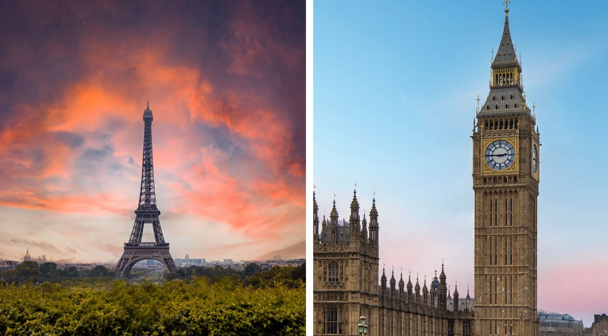 Split image of the Eiffel Tower at sunset and Big Ben against a blue sky. General Knowledge On Europe.