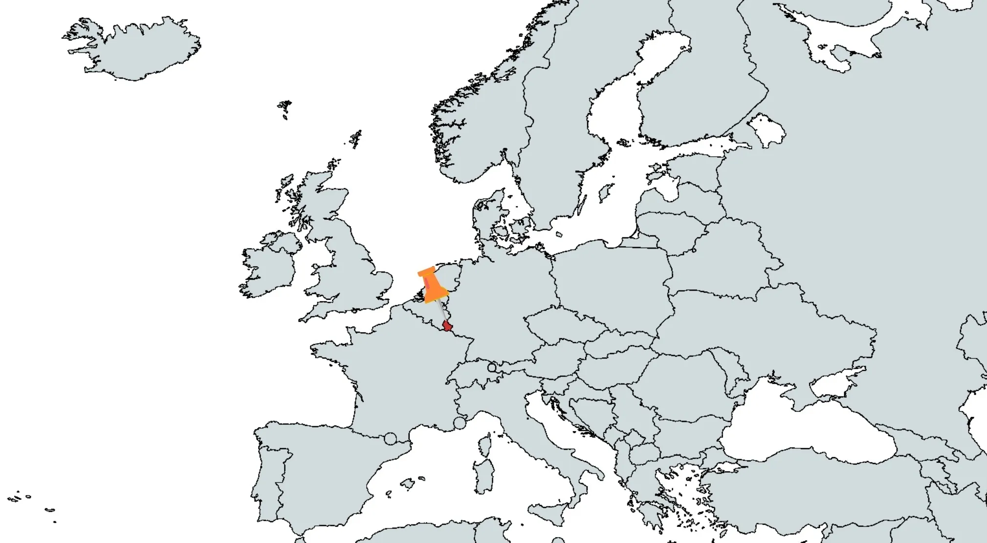 A map of Europe with an orange pin pointing to Belgium, and Luxembourg highlighted in red. General Knowledge On Europe.