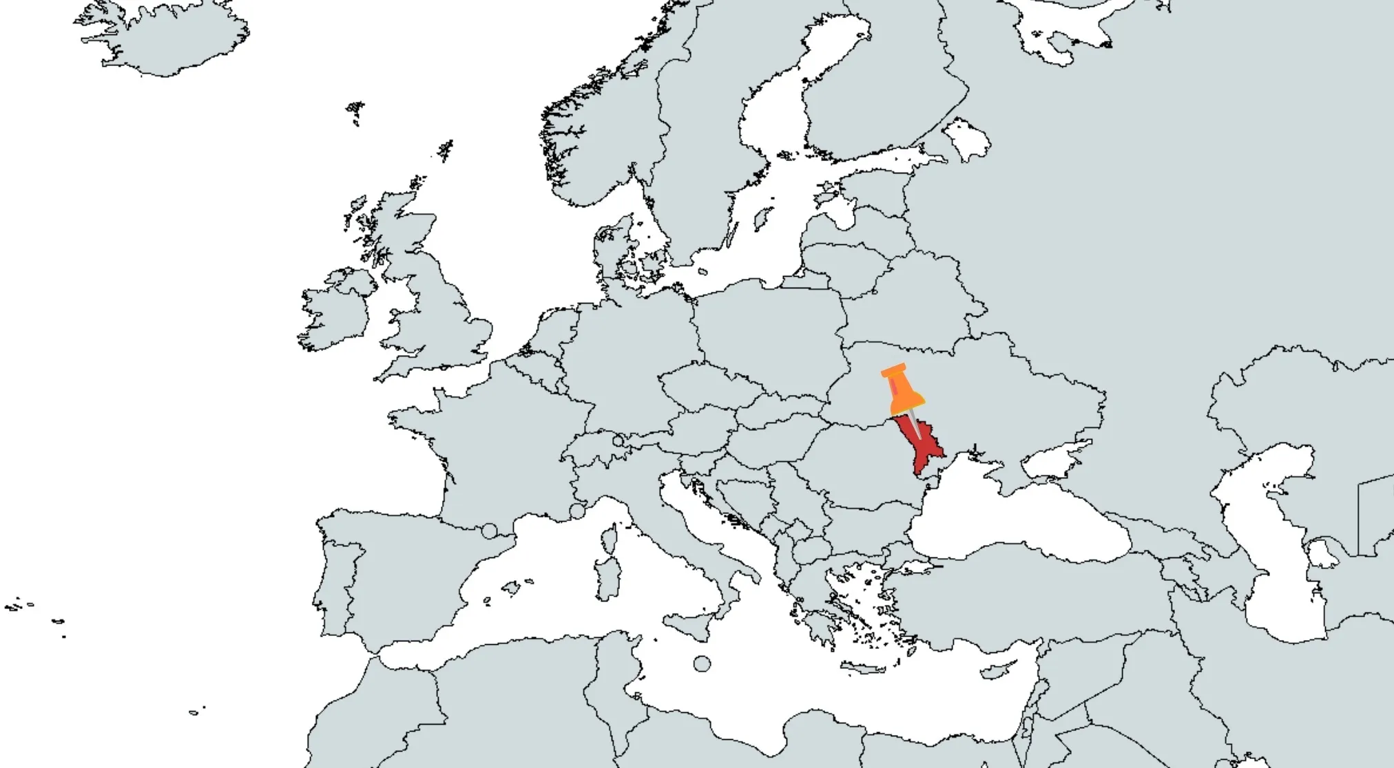 Map of Europe with an orange pushpin on Moldova. Test your general knowledge on Europe.