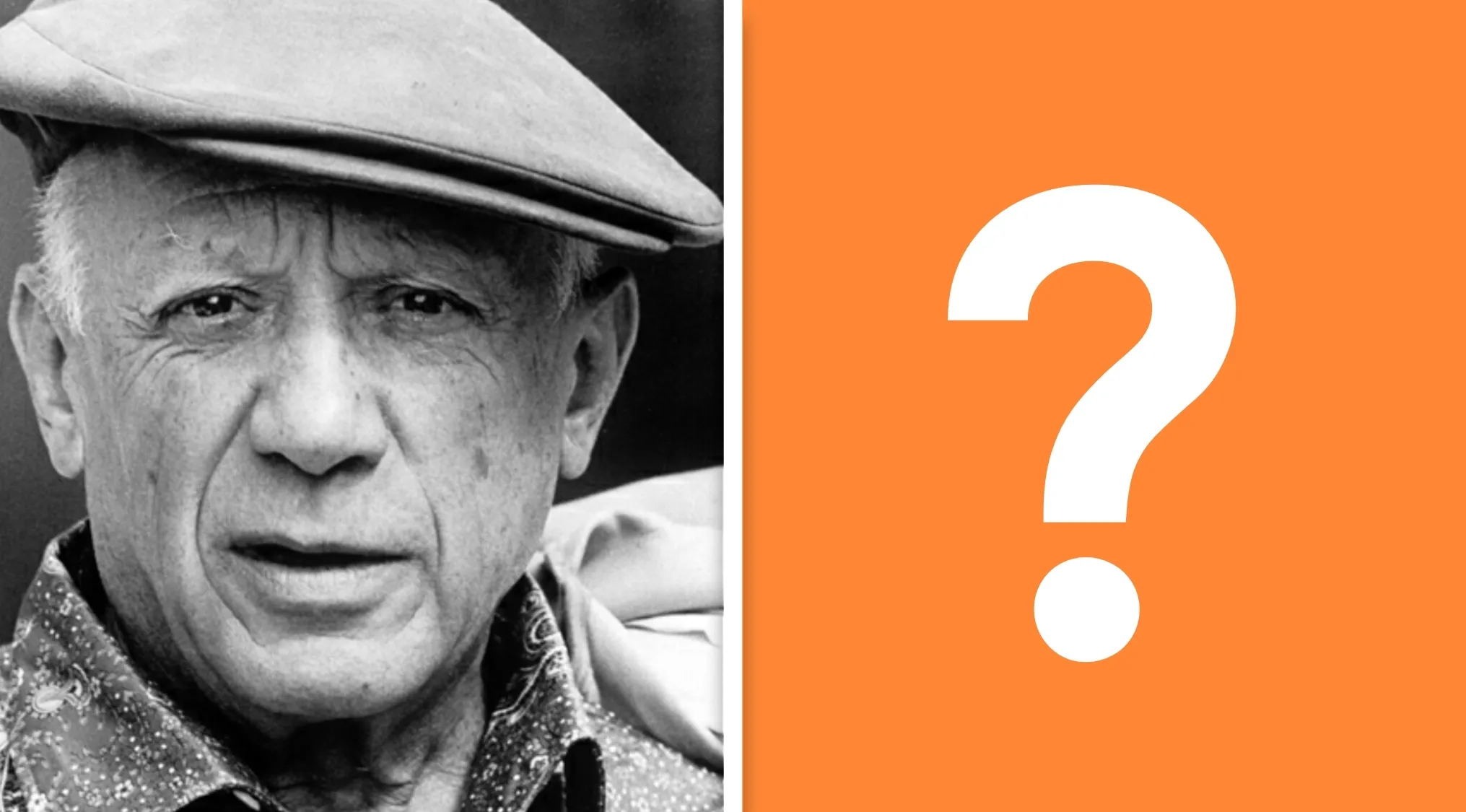Black and white portrait of Pablo Picasso looking intently, next to a large orange question mark.