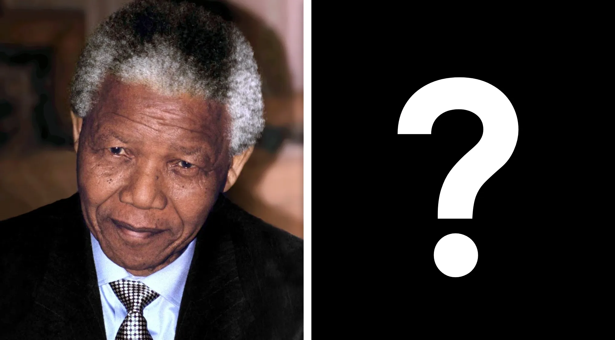 A split image featuring a portrait of Nelson Mandela on the left and a white question mark on a black background on the right.