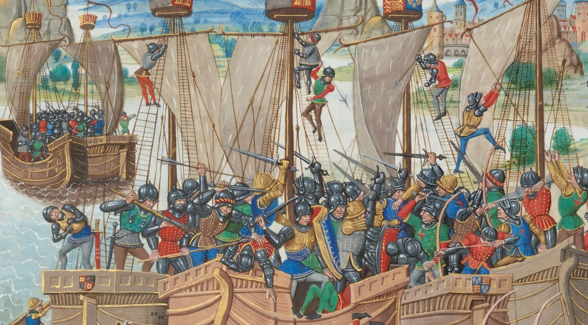 Match The Answer To The Question: Part 4, a historical painting depicting a naval battle during The 100 Years War.
