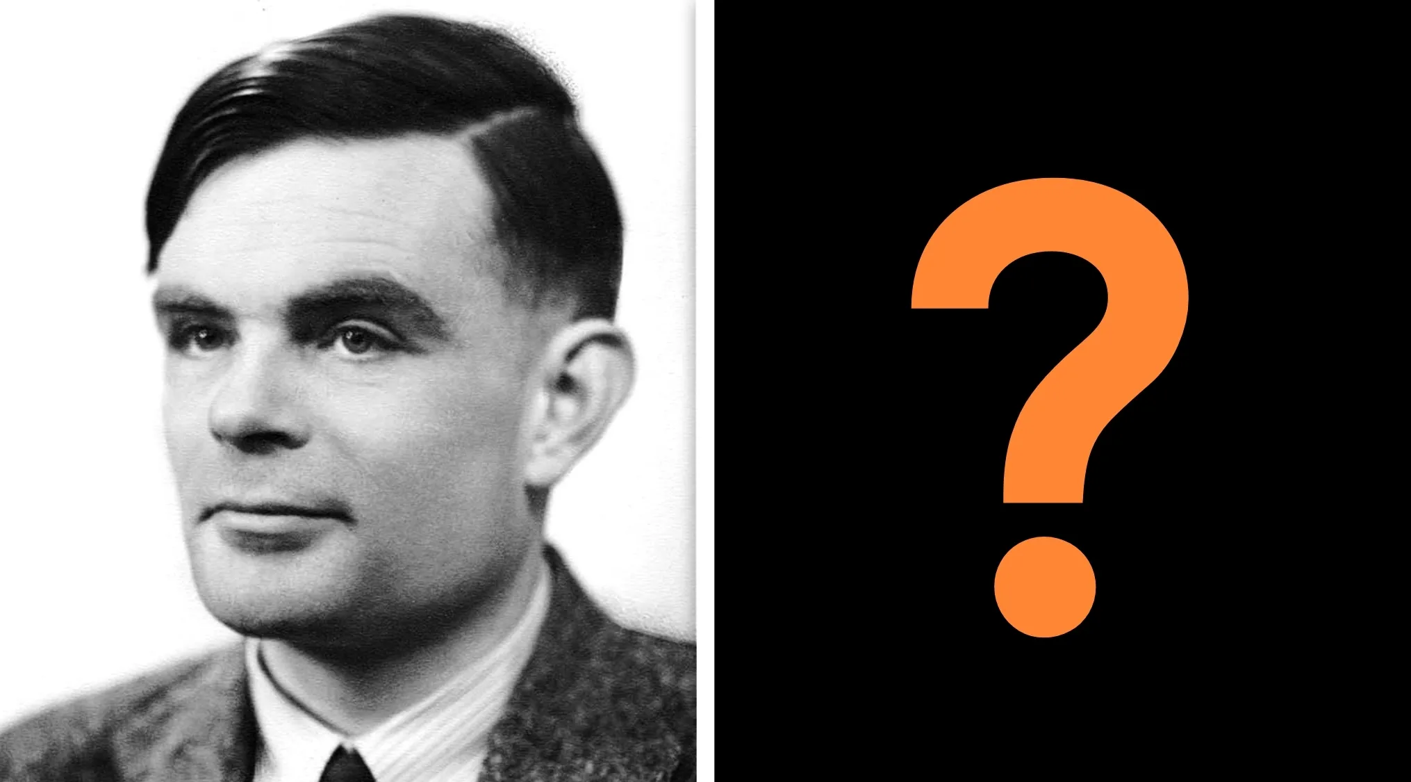 Match The Answer To The Question: Part 4, a black and white image of Alan Turing next to a question mark.