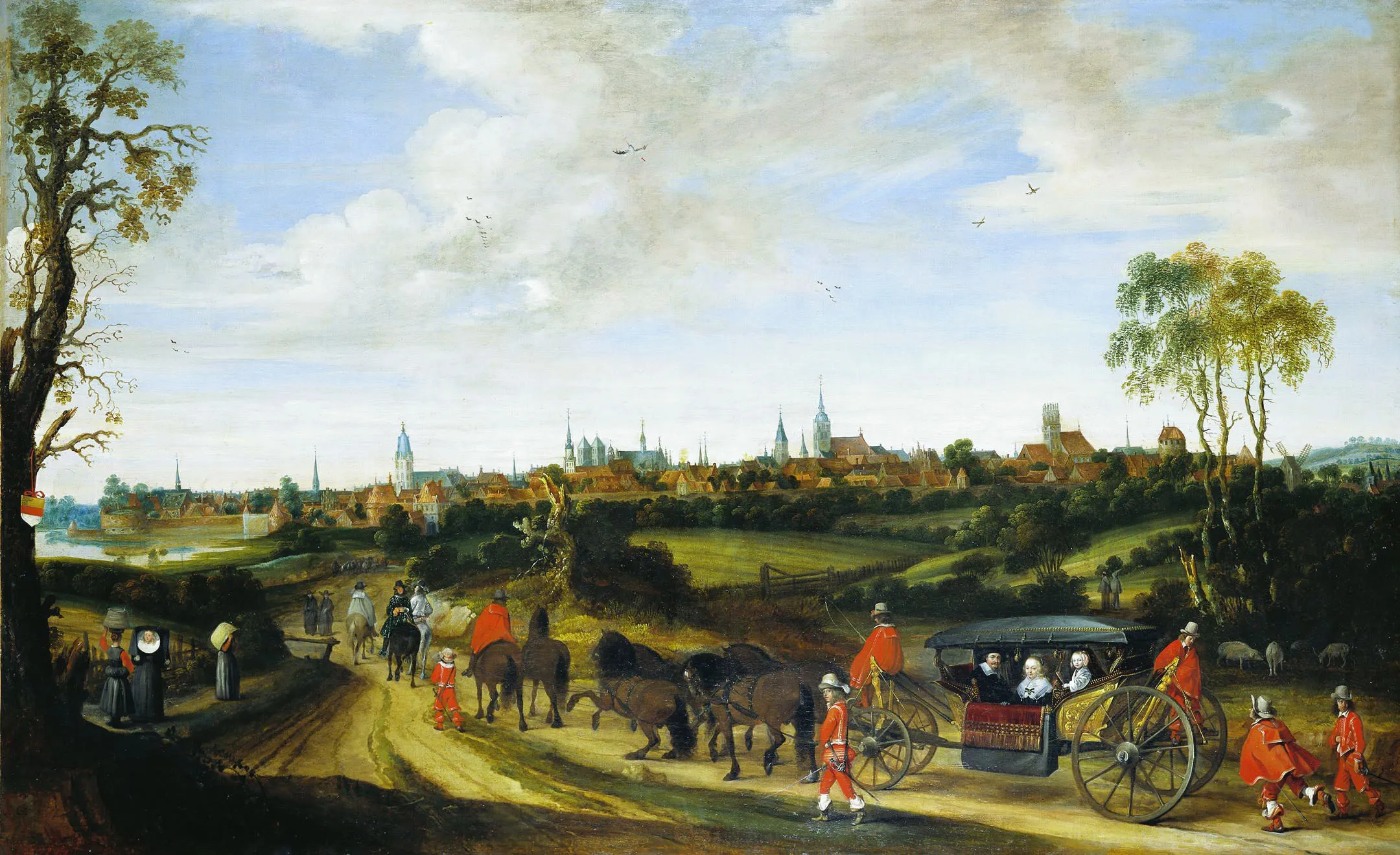 An old painting depicting the signing of The Treaty of Westphalia, with horse-drawn carriages and a town.