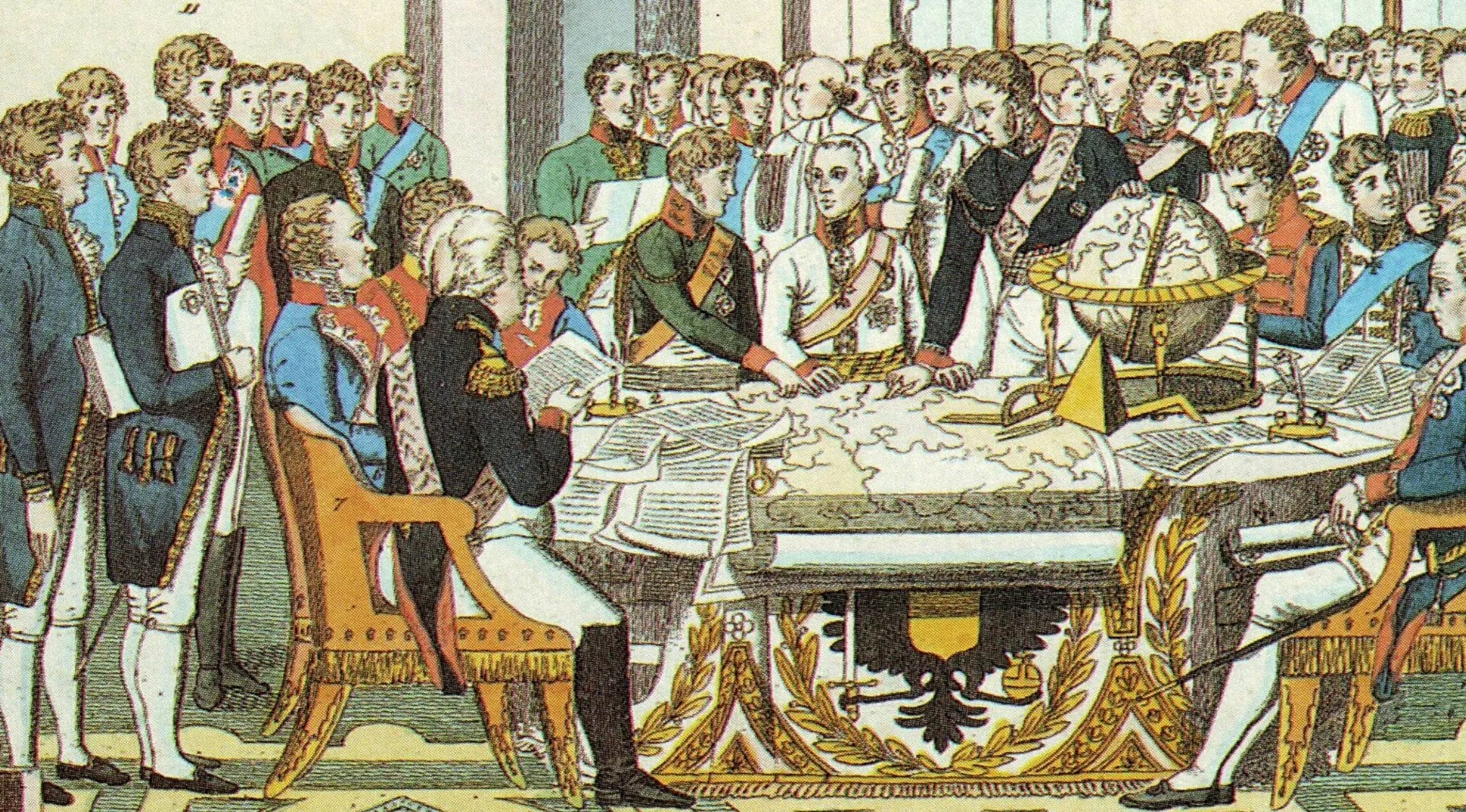 An illustration of The Congress of Vienna, showing European diplomats gathered around a table with a map.
