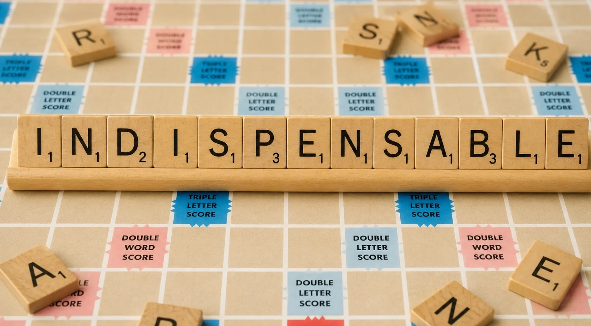 Scrabble tiles on a board correctly spelling INDISPENSABLE. A spelling bee challenge to fix incorrect spelling.
