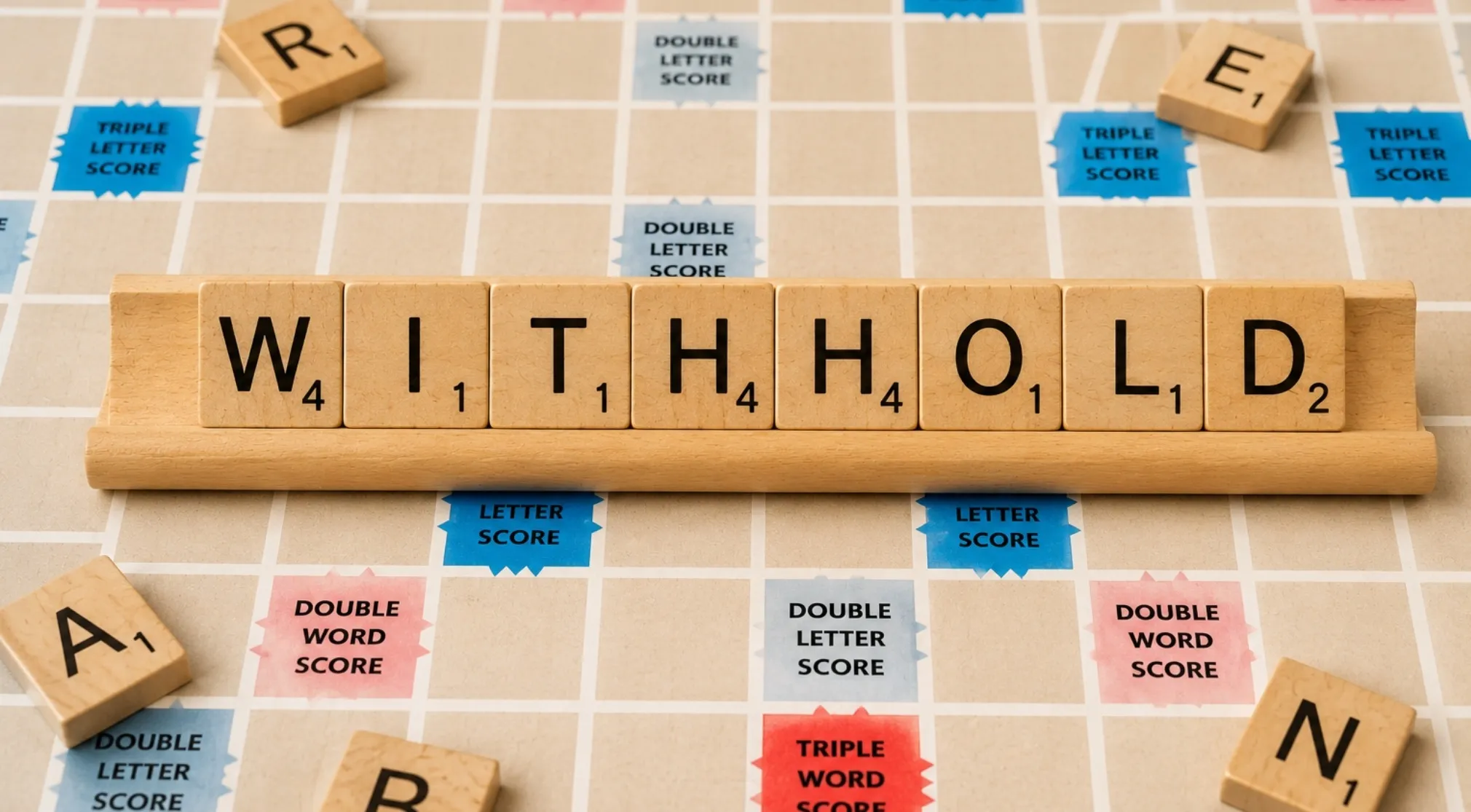A Scrabble board with the word WITHHOLD spelled out, highlighting the correct spelling for Spelling Bee.