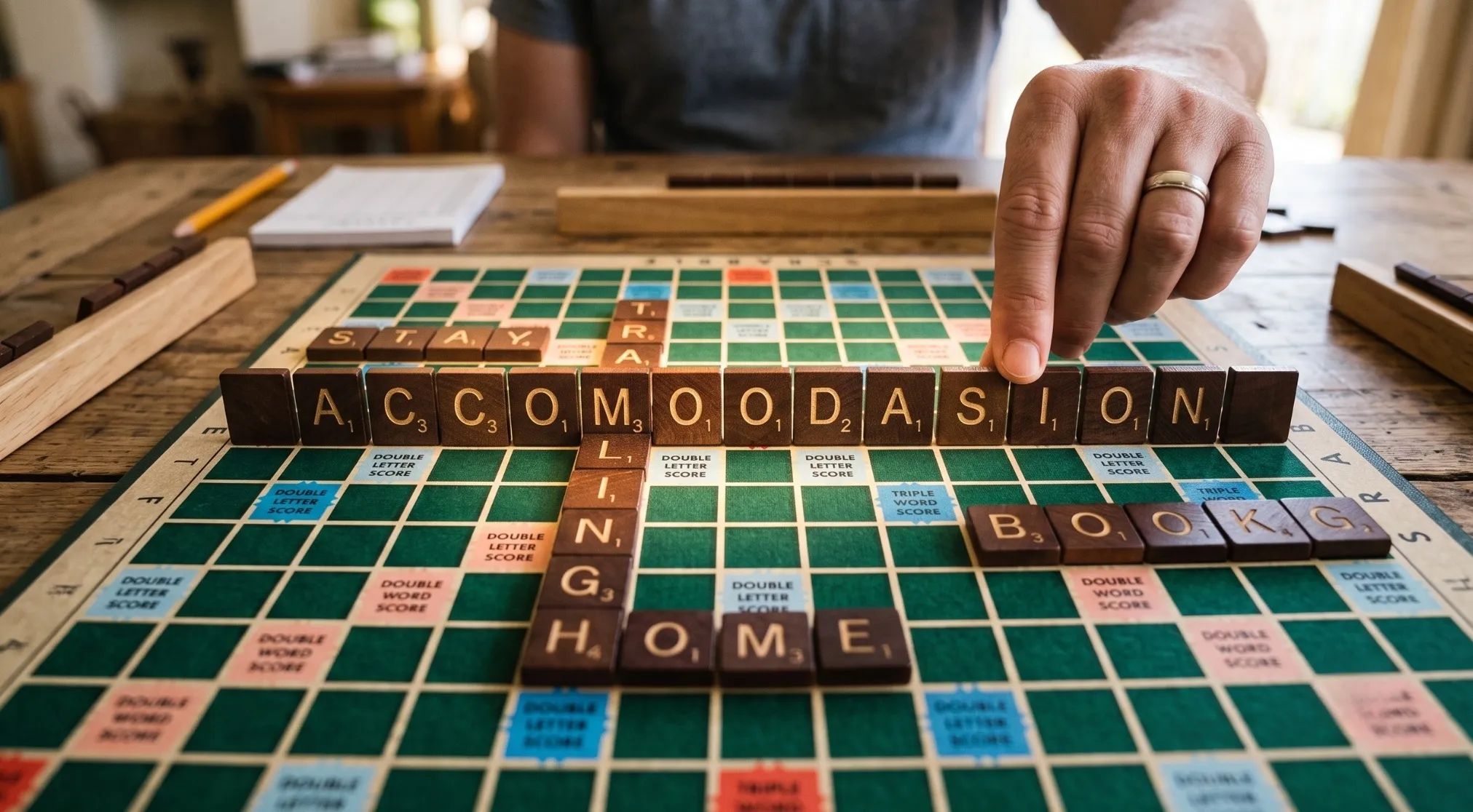 A hand places a letter tile to spell Accomodasion on a Scrabble board, challenging incorrect spelling.