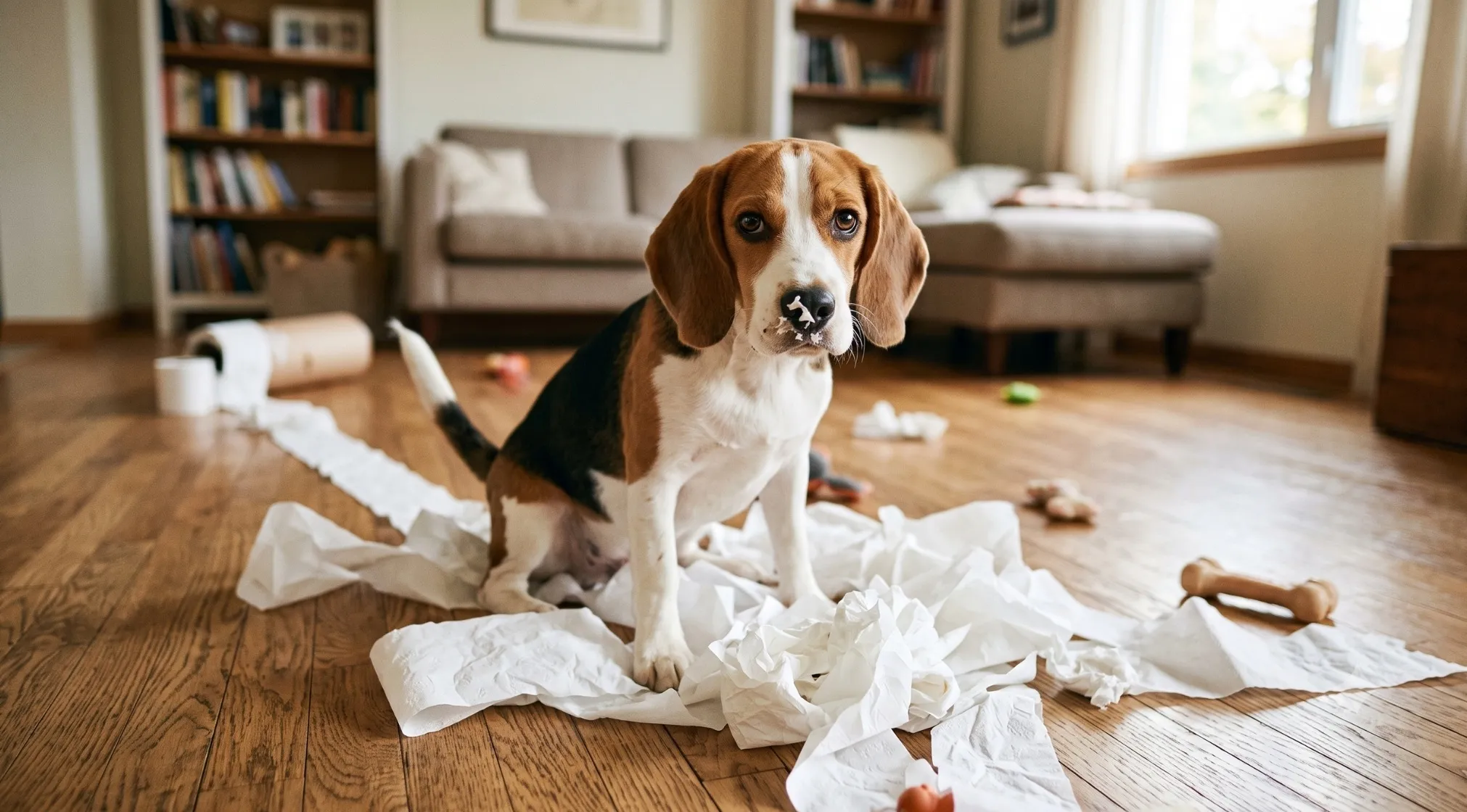 A mischievous beagle sits on a wooden floor amidst shredded toilet paper, with some on its nose. Spelling Bee.