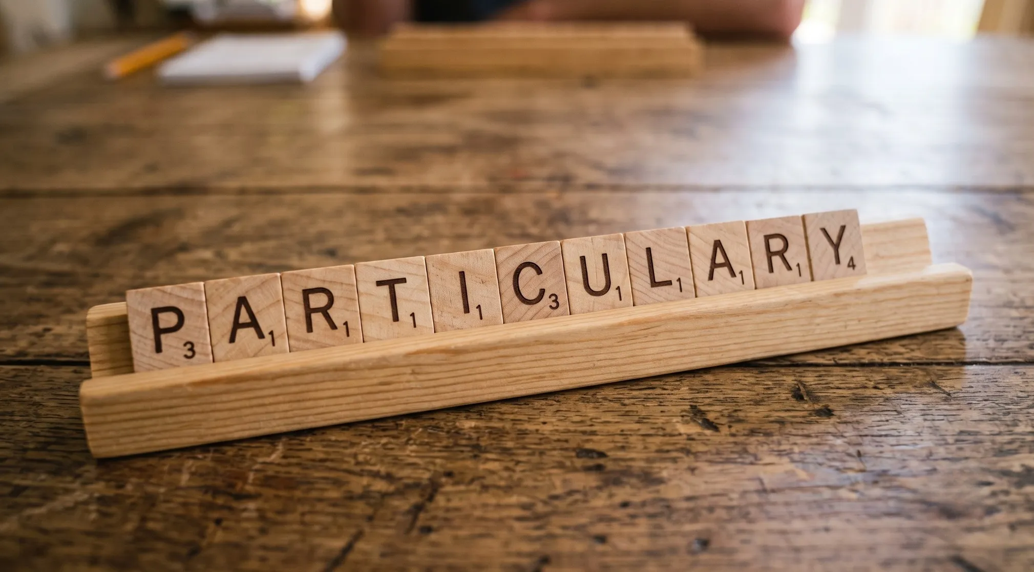 Scrabble tiles spelling PARTICULARY on a wooden board. This image relates to a Spelling Bee activity, highlighting incorrect spelling.