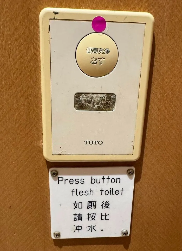 A toilet flush button in Japan with a sign that reads Press button flesh toilet, a hilarious example of getting lost in translation.