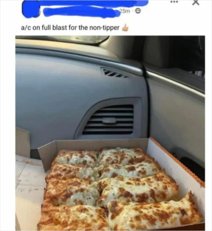 A pizza box in a car, with the AC on full blast for a non-tipper, highlighting tipping culture.