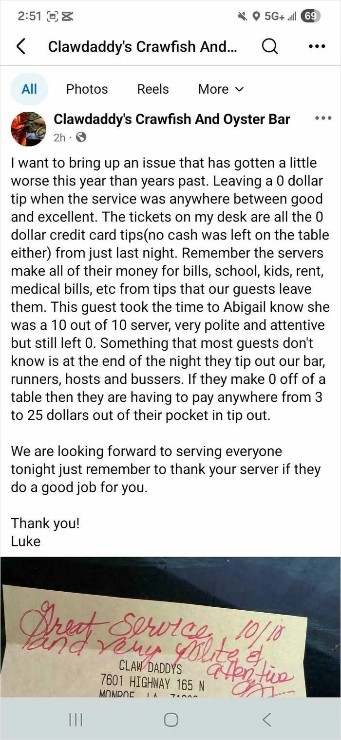 Owner Publicly Shames Guest And States That Servers Have To Pay Out Of Pocket If They Don’t Get Tips?