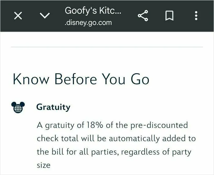 A screenshot from Disney's website showing an 18% gratuity automatically added to bills, reflecting US tipping culture.