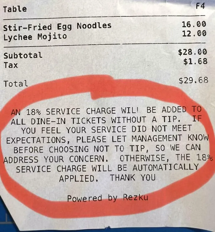A restaurant receipt showing an 18% service charge for dine-in tickets without a tip, indicating a shift in tipping culture.