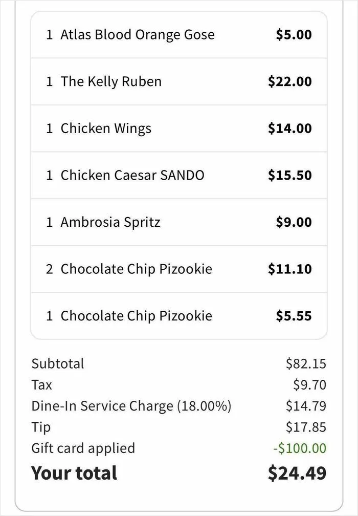 A restaurant bill showing various food items, a dine-in service charge, and a tip, illustrating US tipping culture.