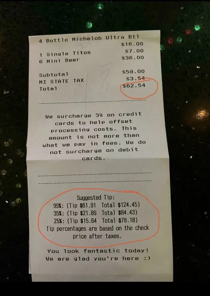 A detailed restaurant bill with outrageous suggested tips circled, showing the extremes of tipping culture in the US.