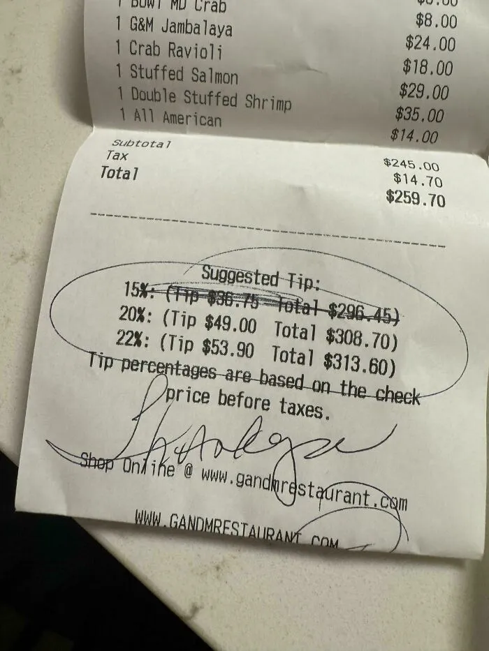 A receipt with suggested tip percentages circled, illustrating the increasing tipping culture in the US.