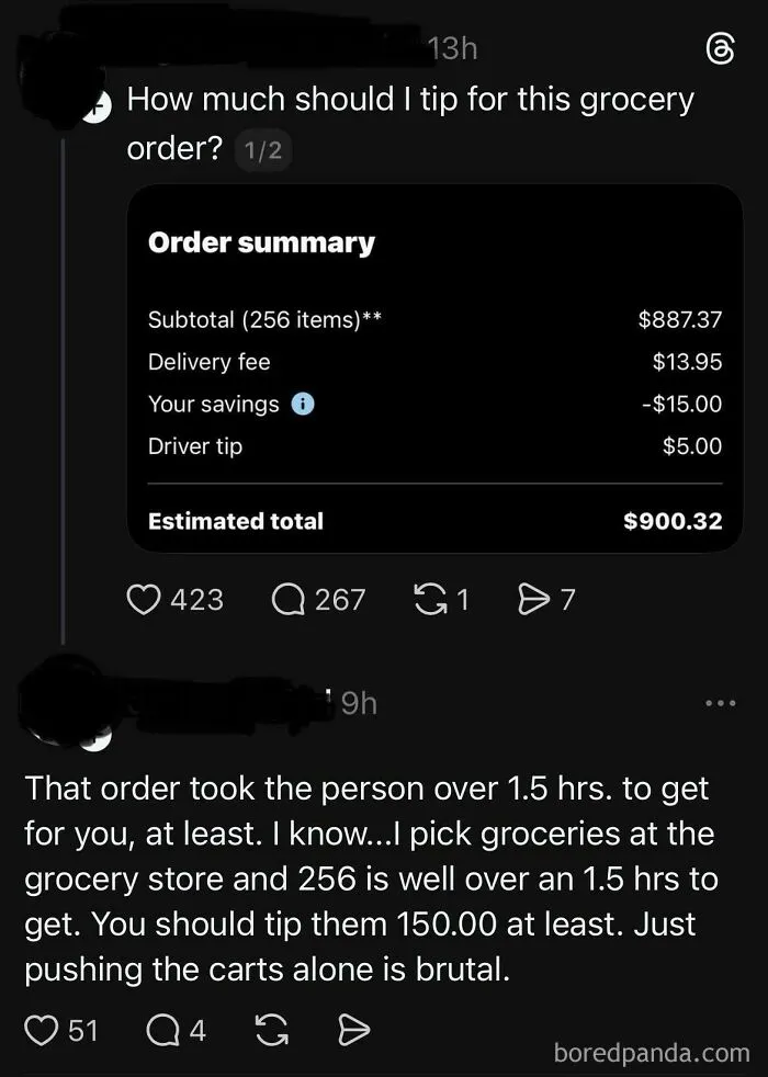 A social media post discussing a $5 driver tip on a $887 grocery order, raising questions about tipping culture.