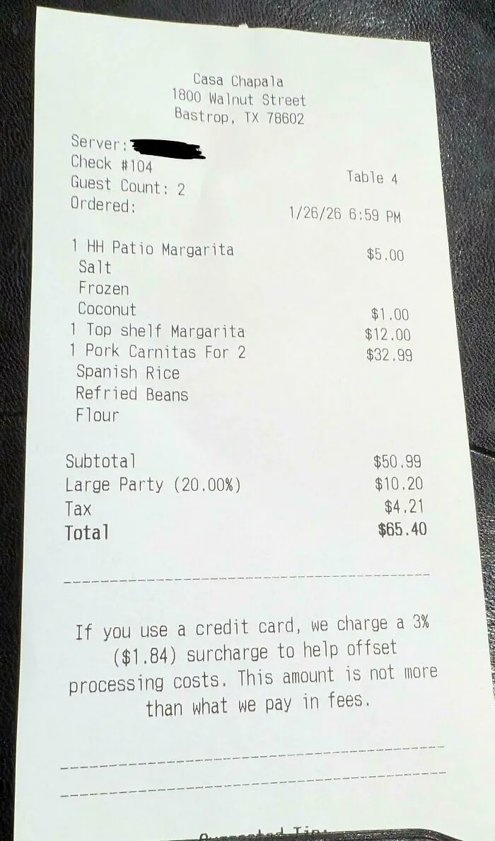 A restaurant receipt from Casa Chapala, showing food items, prices, a 20% large party fee, and a 3% credit card surcharge, illustrating tipping culture.