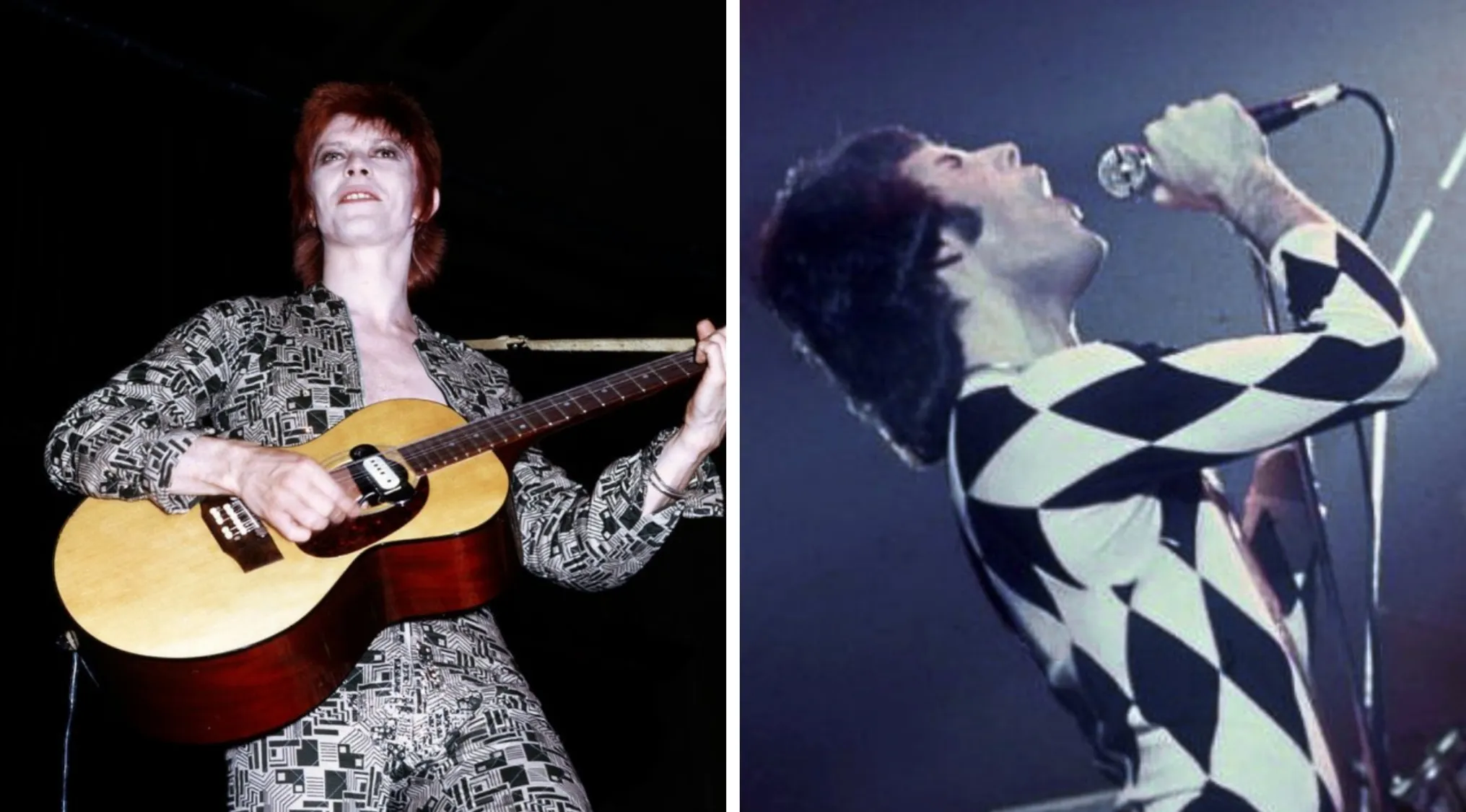 David Bowie playing guitar and Freddie Mercury singing live on stage, iconic rock legends.