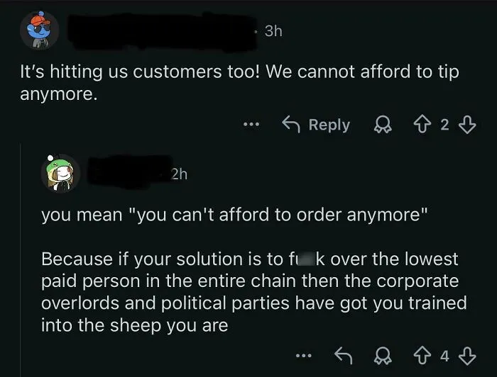A screenshot of a comment section discussing the affordability of tipping, showing various perspectives on tipping culture.