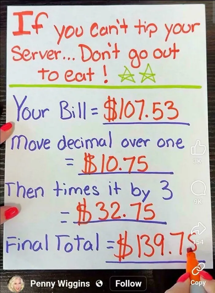 A handwritten note showing how to calculate a large tip, with text stating, If you cant tip your server...Dont go out to eat! reflecting US tipping culture.