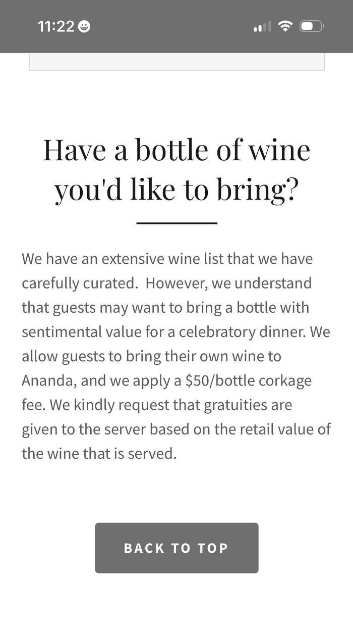 Restaurant policy regarding corkage fees and expected gratuities for outside wine, highlighting tipping culture.