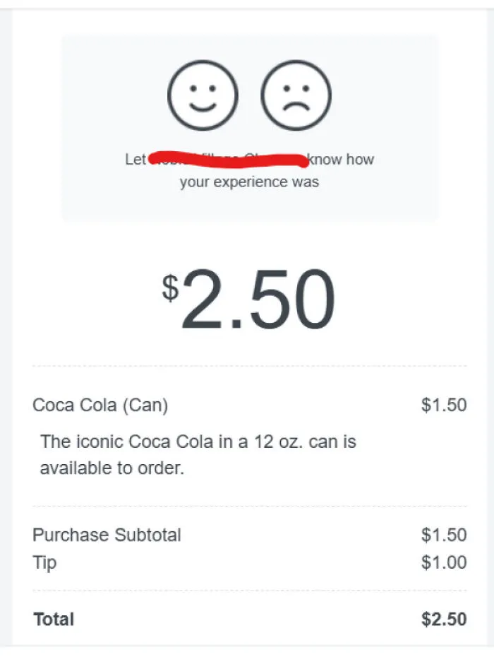 A receipt showing a $1.00 tip on a $1.50 Coca-Cola can, depicting tipping culture.