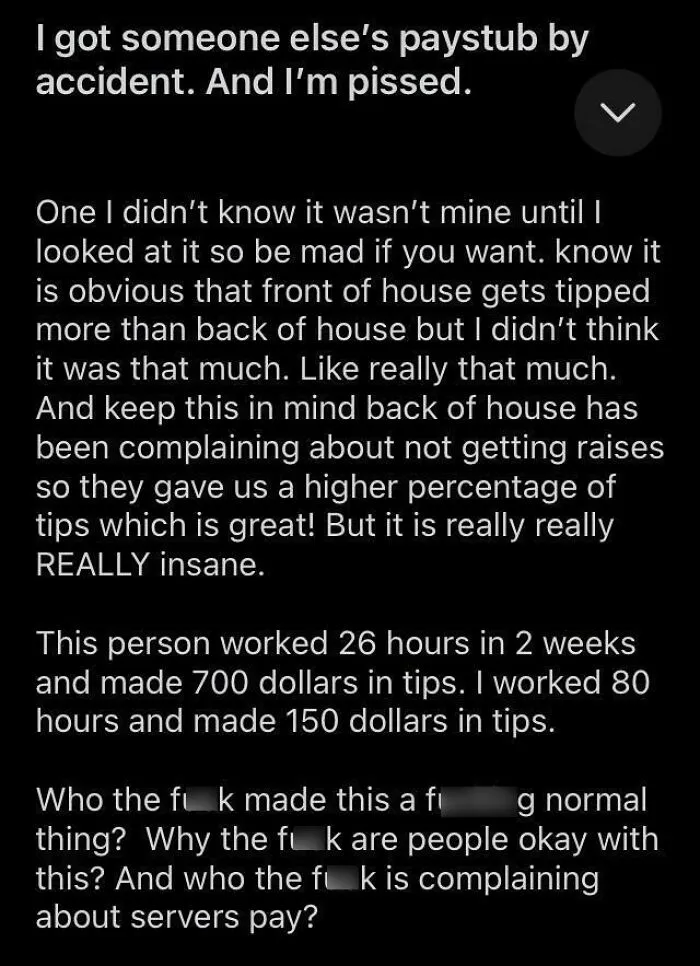 A social media post expressing anger over disparate tip amounts between front and back of house, highlighting tipping culture issues.