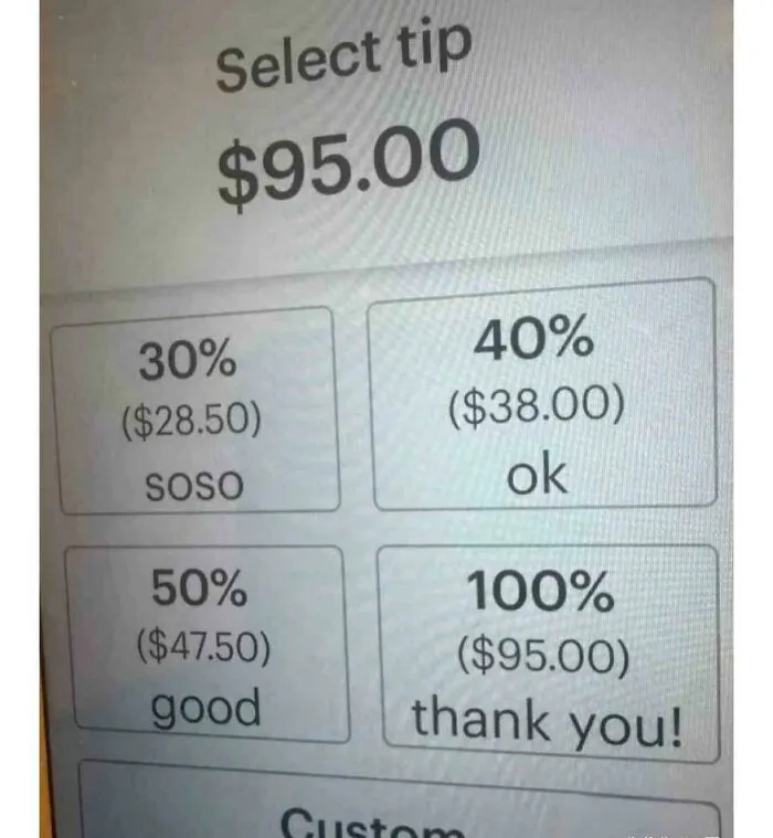 A screen displaying tip options of 30%, 40%, 50%, and 100% for a $95.00 bill, reflecting tipping culture.