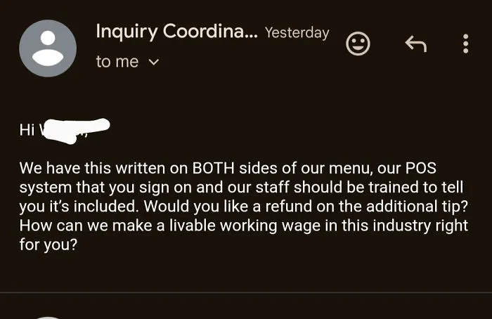 An email about tipping culture, discussing included tips and staff training for a livable working wage.