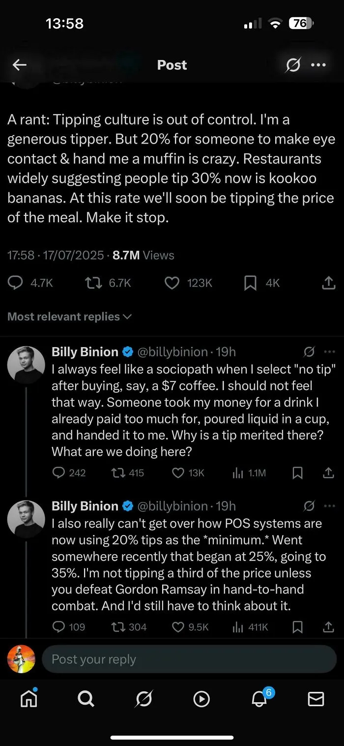 A social media post discussing a rant about tipping culture being out of control and needing to change.